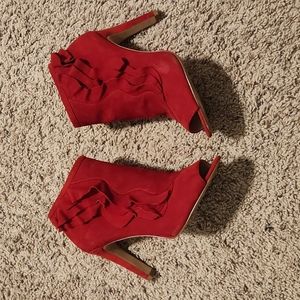 Louise et Cie Red Haze Peep Toe Leather Stiletto Heel Pumps